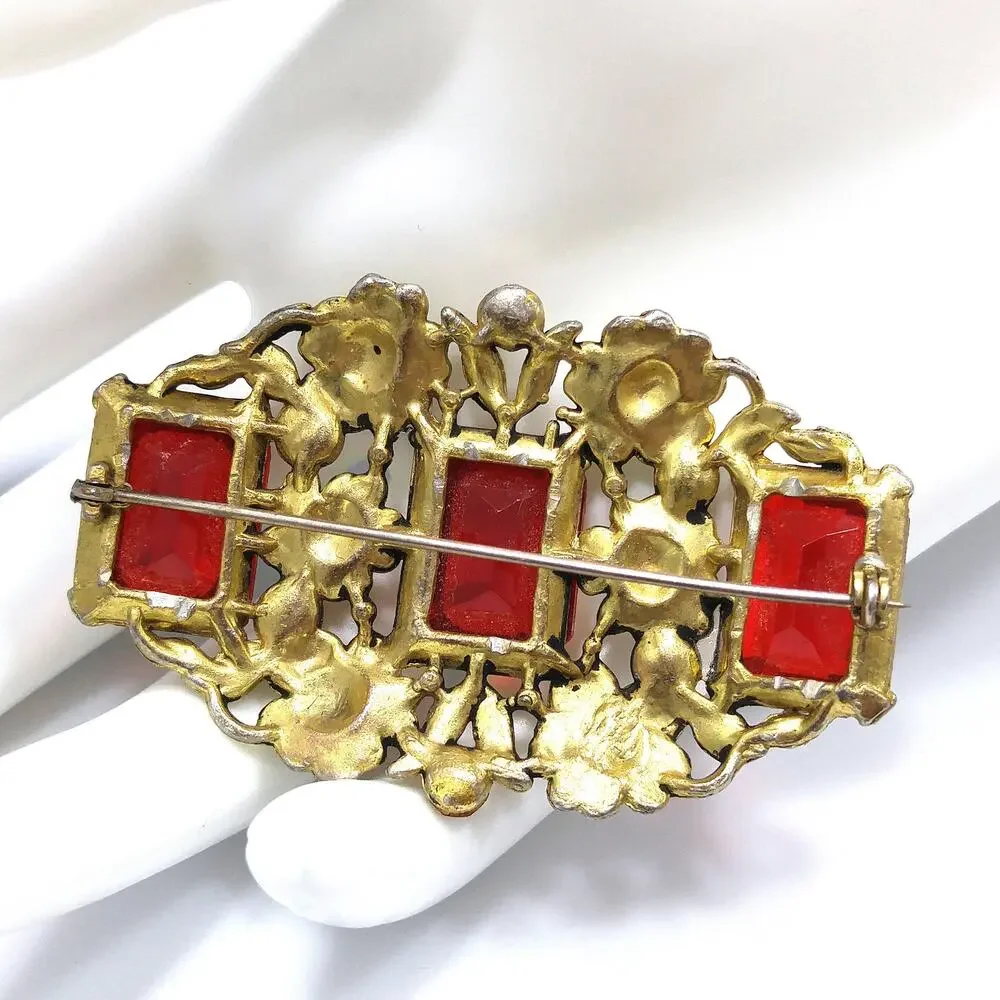 Art Nouveau Red Glass Floral Brooch, Three Red Emerald Cut Stones, 1930s Vintage